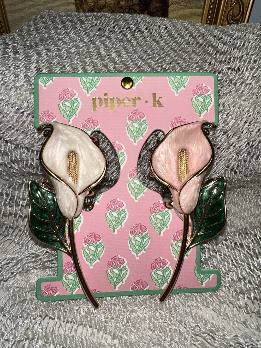 piper • k Ivory Blush Pink Green Gold tone Metal Calla Lily flower hair clips